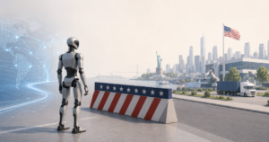 Illustration of a humanoid robot standing behind a barrier painted with the US flag, facing a New York skyline with the Statue of Liberty, a container lorry and robotic arms at a facility beyond it