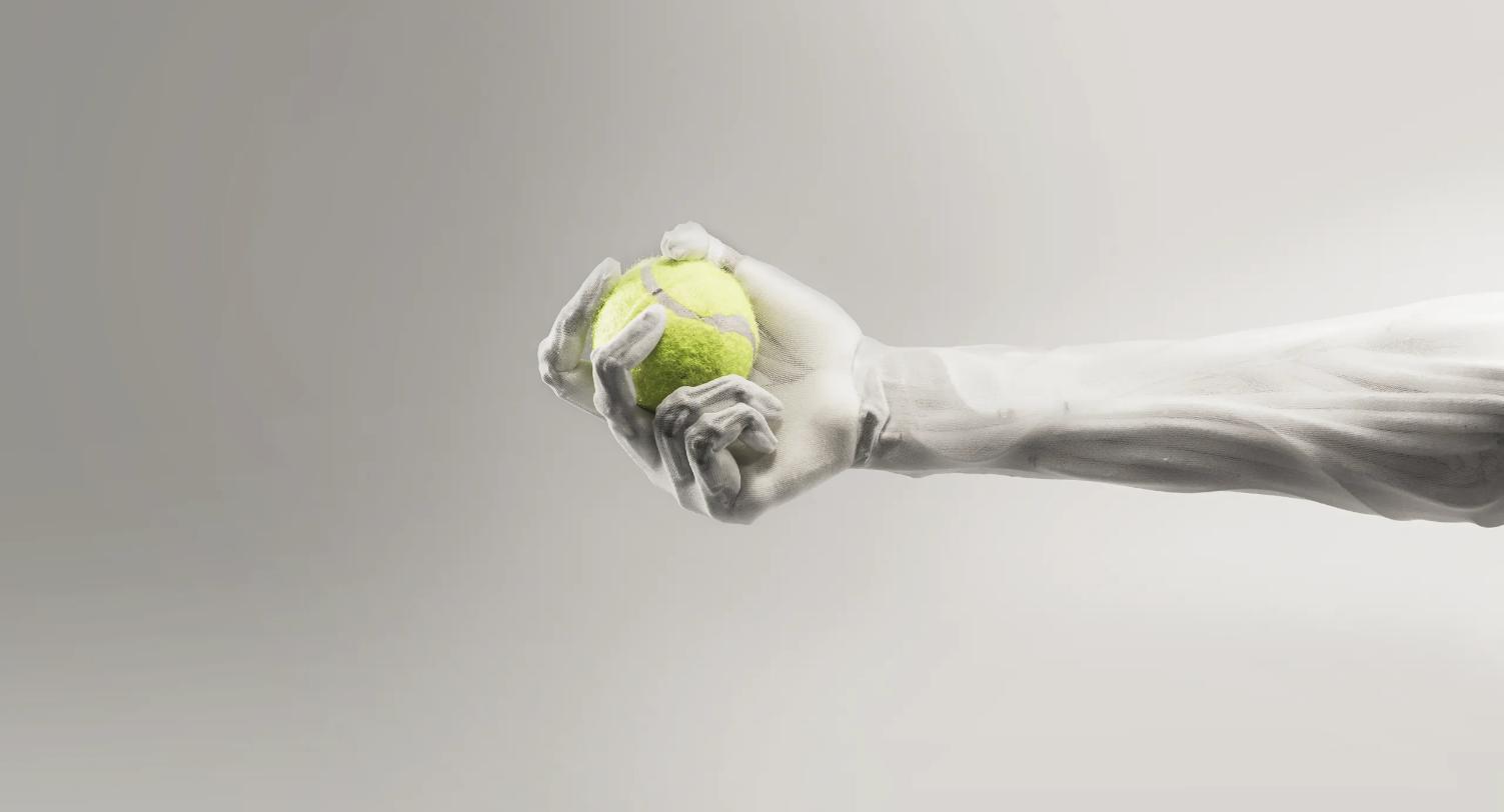 A Clone Robotics hand and forearm covered in synthetic muscle holding a tennis ball