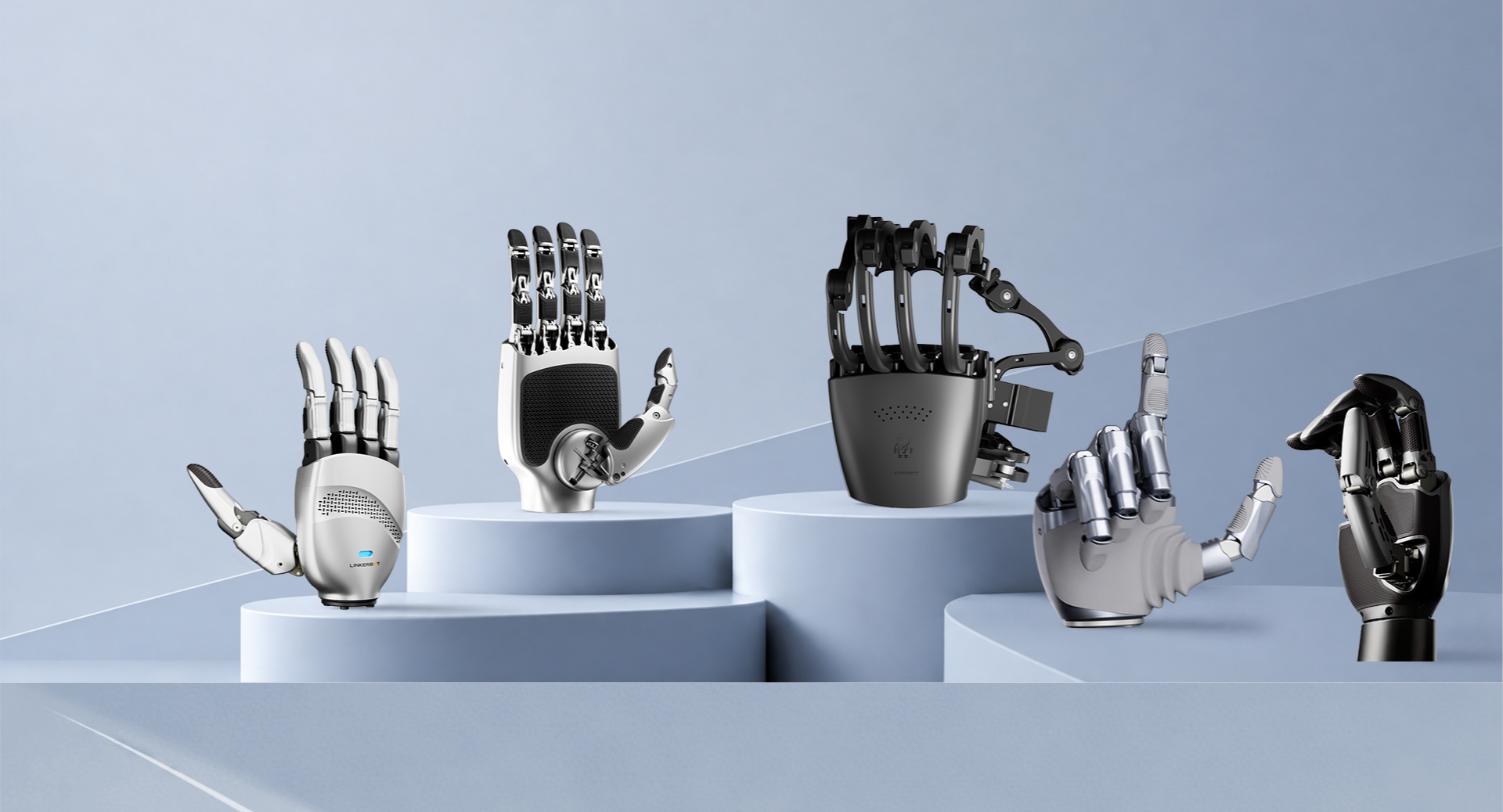 Five Linker Hand models displayed on plinths