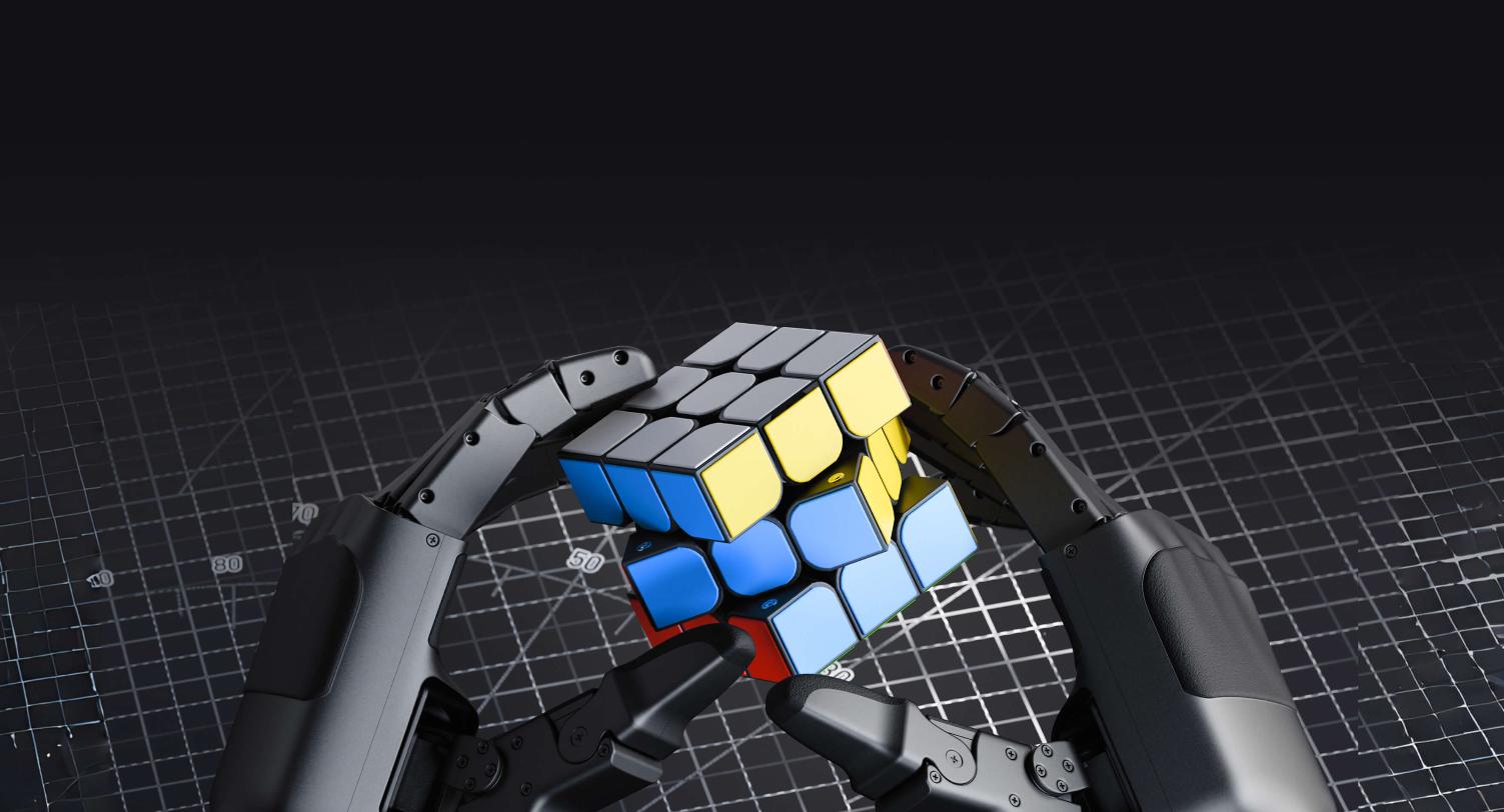 Two Unitree Dex5-1 robot hands turning a Rubik cube